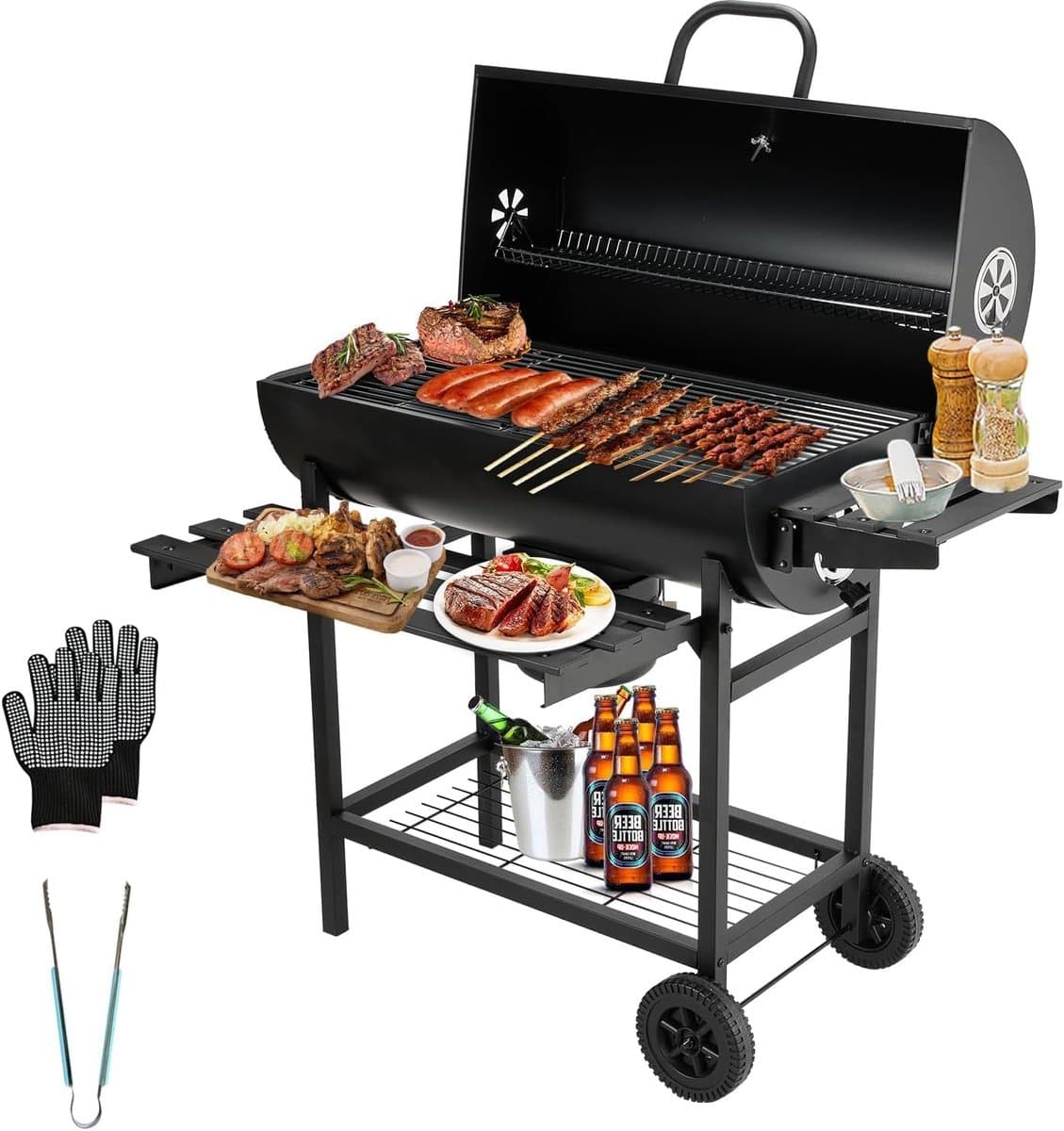 Houtskool BBQ XXL met Deksel en Thermometer – Grote Barbecue met Grillrooster – Verrijdbaar en Stevig — afbeelding 1