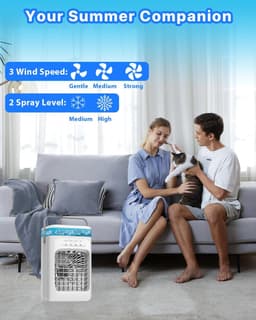 Ulisem - Draagbare airconditioner - Verdampingskoeler - 3 snelheden en 2 miststanden - 120° oscillerend - 7-kleuren nachtlampje - 2/4 uur timer - 1L tank - Type-C - Stil (35dB) - Wit — thumbnail 2