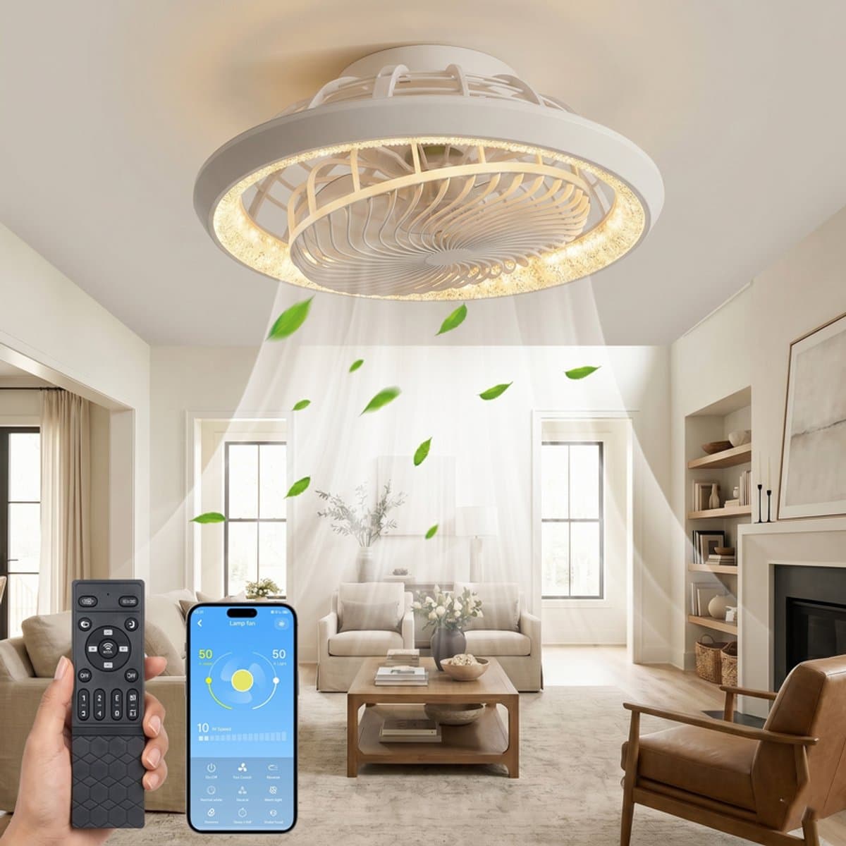 MUPOO Design plafondventilator met verlichting 49 cm- dimbare LED ventilator plafond - stille motor - app & afstandsbediening - winterstand - woonkamer slaapkamer kantoor — afbeelding 1