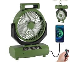 Camping Ventilator 20000mAh – Oplaadbare Ventilator met Lamp & Powerbank – Met Afstandsbediening – Stil, Krachtig & Draagbaar – Voor Camping, Tent & Noodgebruik- Groen — afbeelding 1