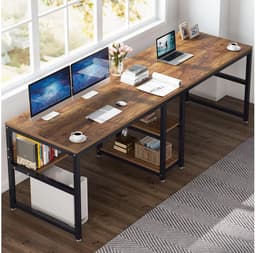Van Elmont Bureau - Dubbel Lang Bureau voor twee personen met opbergruimte - Computerbureau - Computertafel - Metaal / Hout - Industrieel Design - Bureautafel voor Thuiskantoor - Bruin - 60 x 200 x 75 cm - voor Gamen - Studeren en Werken — thumbnail 3