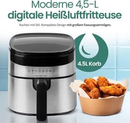 Digitale Airfryer - Heteluchtfriteuse XL - Gezond Frituren - 8 Programma's - 4.5 Liter - Zwart Zilver — thumbnail 5