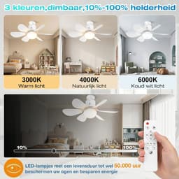MUPOO E27 Plafondventilator met Lamp Ø52 cm - Ventilatorlamp met Afstandsbediening - 3 Kleurtemperaturen - 3 Snelheden - Timer en Geheugenfunctie - Stil DC Motor -Voor Slaapkamer Kinderkamer- Wit — thumbnail 3