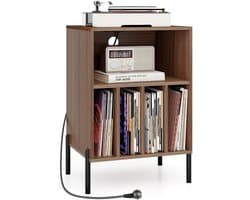 Platenspeler Stand met Laadstation - Platenspeler Meubel - Vinyl Opbergsysteem voor 150 LP's - Houten Platenkast met 5 Open Vakken - LP Record Holder - Tafel voor Draaitafel & Printer - Audio Bijzettafel Woonkamer & Kantoor - Walnoot