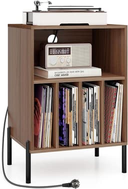 Platenspeler Stand met Laadstation - Platenspeler Meubel - Vinyl Opbergsysteem voor 150 LP's - Houten Platenkast met 5 Open Vakken - LP Record Holder - Tafel voor Draaitafel & Printer - Audio Bijzettafel Woonkamer & Kantoor - Walnoot — thumbnail 1