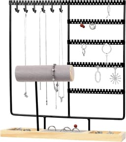 Sieradenstandaard voor het organiseren van kettingen, armbanden, oorbellen en horloges, 34 cm hoog, zwart metalen en houten sieradenopslag — thumbnail 4