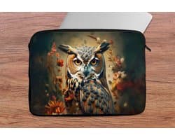 Laptophoes 13 inch - Uil - Vogel - Bloemen - Planten - Botanisch - Laptop sleeve - Binnenmaat 32x22,5 cm - Zwarte achterkant