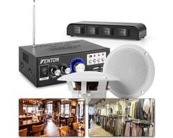 Geluidsinstallatie met 8 plafondspeakers, 4-zone switch, versterker met o.a. Bluetooth en kabels voor restaurant, winkel, sauna, praktijk, etc.