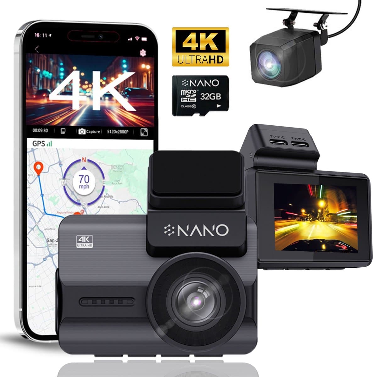 Nanocam M68 4K 2CH Wifi Gps 32gb dashcam voor auto - 4K + Full HD resolutie - Parkeerbeveiliging - 32gb MicroSD - 2,0 inch Lcd - 170 + 170 graden kijkhoek - Nachtzicht — afbeelding 1