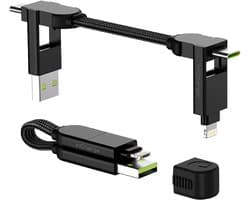 Rolling Square inCharge X 6-in-1 Oplaadkabel 9 cm - USB-C, Micro-USB & Lightning Kabel voor iPhone, iPad, Android & Laptop - 60W Snelladen & Data Transfer - Zwart
