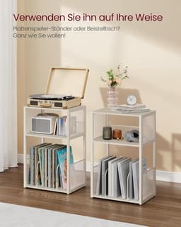 Platenspeler standaard - 3 etages - Bijzettafel - Opslag voor grammofoonplaten - Tot 100 albums - Tafel voor woonkamer en slaapkamer - Vintage wit — thumbnail 4