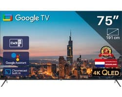 TeeView Google Smart TV - QLED 4K - 75 inch/191 cm - Frameless Design - Tripple Tuner DVB-T/T2/S/S2/C - HDMI x3, USB x2, CI+ - Voice Controle & Streaming apps - In Eindhoven geassembleerd - TV75QQG-EU