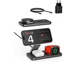 Voomy 3-in-1 Draadloze Oplader - Geschikt voor Magsafe - Aluminium Design - 15W Snellader - Opvouwbaar Oplaadstation - Geschikt Voor Apple Watch & Draadloze Oortjes - Wireless Charger - Inclusief Adapter - Zwart