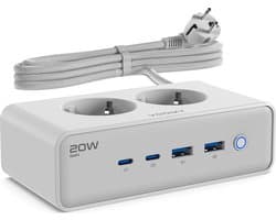 Voomy 20W Stekkerdoos - 2 USB-C & 2 USB-A Poorten - 2 Stopcontacten - Aan / Uit schakelaar - Snellader voor Laptop, Telefoon & Tablet - Oplader, Adapter, Verlengsnoer - Wit