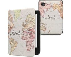 kwmobile e-reader hoesje geschikt voor Kobo Clara BW / Colour hoes - E reader flip case met magnetische sluiting - Ereader cover - Travel Wereldkaart design in zwart / meerkleurig