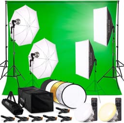 Pixetool Green screen 3 x 3M met Achtergrondsysteem 2,6 x 3M – Fotostudio Set – Greenscreen Set – Inclusief, Softbox, Paraplu’s, Lamphouders, LED lampen, Reflectiescherm & Draagtas — thumbnail 1
