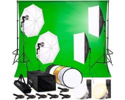 Pixetool Green screen 3 x 3M met Achtergrondsysteem 2,6 x 3M – Fotostudio Set – Greenscreen Set – Inclusief, Softbox, Paraplu’s, Lamphouders, LED lampen, Reflectiescherm & Draagtas