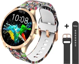 Belesy® BQSiRgSk Pro Skull - Smartwatch Dames – Smartwatch Heren - Horloge - 1.28 inch - Kleurenscherm - Stappenteller - Bloeddruk - Hartslag - 75+ Wijzerplaten – Sporten – Rose goud – Staal - Siliconen – Skull - Zwart - Kerstcadeau — thumbnail 1