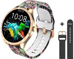 Belesy® BQSiRgSk Pro Skull - Smartwatch Dames – Smartwatch Heren - Horloge - 1.28 inch - Kleurenscherm - Stappenteller - Bloeddruk - Hartslag - 75+ Wijzerplaten – Sporten – Rose goud – Staal - Siliconen – Skull - Zwart - Kerstcadeau