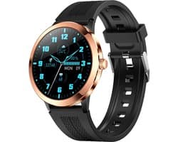 Belesy® TREASURE - Smartwatch Dames - Smartwatch Heren - Horloge - 1.32 inch – kleurenscherm – Stappenteller - Gezondheidsindicatoren – Je eigen foto als wijzerplaat - Goud – Siliconen – Zwart - Moederdag