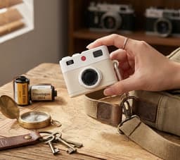 Wit hoesje voor oordopjes unisex in retro camera vorm met karabijnhaak geschikt voor AirPods Pro 3 met reliëf details en compact ontwerp — thumbnail 4