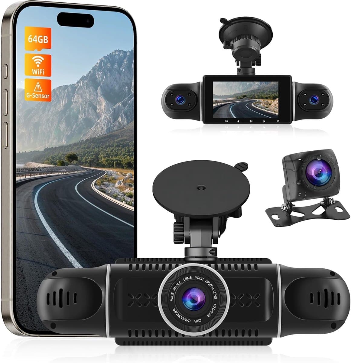 Dashcam – Auto Camera – Rijcamera – Bewakingscamera – 360° Dashcam – 4 Camera’s Met Wifi – 64GB Geheugenkaart & G-Sensor Met Parkeermodus — afbeelding 1