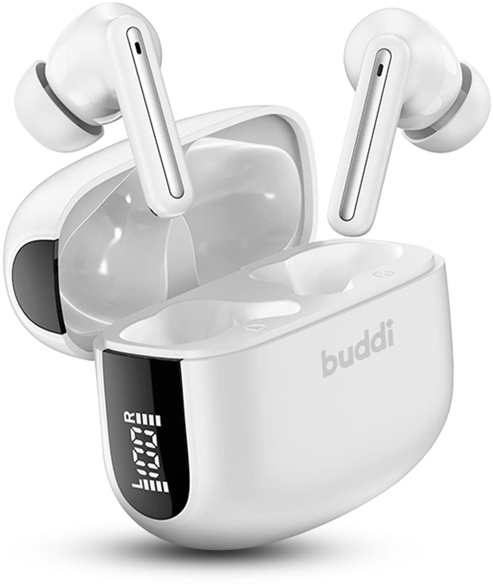 Buddi Draadloze Oordopjes - Bluetooth Oordopjes - Oortjes Draadloos - Noise Cancelling - LED Display - Met Microfoon - Touch Controls - ANC + ENC - Wit — afbeelding 1