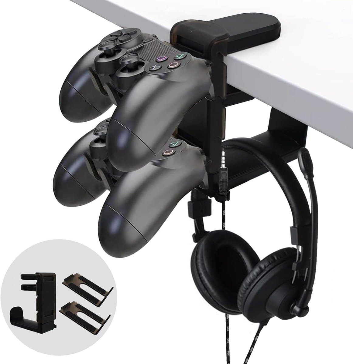 Gaming Hoofdtelefoon Hanger met Controller Houder en Kabel Organizer in Zwart - Onder Bureau Stand, 360° Draaibaar — afbeelding 1