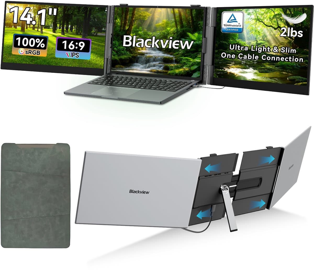 Blackview DCM6 Pro 14“ dubbele draagbare monitor – extra laptopscherm 13-17,3” – uitbreidingsscherm – dual screen – IPS Full HD – plug & play – aansluiting via één kabel – inclusief kabels en beschermhoes – grijs — afbeelding 1