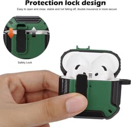 Beschermhoes voor draadloze oortjes, TPU-materiaal, met slotdeksel en sleutelhaak, stofdicht en schokbestendig - zwart groen, Airpods 4e generatie, 2024. — thumbnail 3