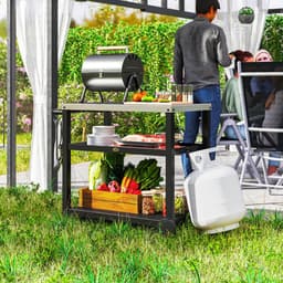 Daity Buitenbarbecuewagen, verplaatsbaar pizzaovenrek met drie niveaus, roestvrijstalen werkblad, verplaatsbare barbecuewagen met haken en wielen, antracietgrijs. — thumbnail 4