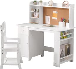 Kinderbureau en Stoel met Opbergruimte - Houten Kindertafel met Etagère, Prikbord & Lade - Verstelbare Kinderstoel - Studiehoek Kinderkamer - 97x46x101cm - wit — thumbnail 1