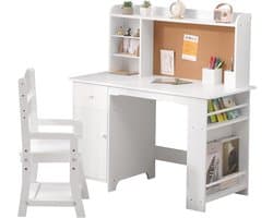Kinderbureau en Stoel met Opbergruimte - Houten Kindertafel met Etagère, Prikbord & Lade - Verstelbare Kinderstoel - Studiehoek Kinderkamer - 97x46x101cm - wit