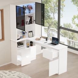 Hoekbureau - Bureau Met LED Vitrinekast En Opbergruimte - 120cm Werkplek Met Kabelmanagement - Incl. Huisdierenverblijf, 3 Lades En 2 Deuren - Wit — thumbnail 2