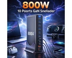 800W USB-C 10 Poorts GaN Snellader FS Power Pack 800W USB-C Oplaadstation – 10 Poorts GaN Snellader (8x USB-C + 2x USB-A) – 140W Power Delivery 3.0 – Desktop & Wandlader voor Laptop, iPhone, Tablet & Meer Universeel