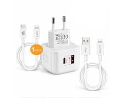 WAEYZ 20W PD + 18W QC Snellader Set met 2 Kabels – USB-C Kabel naar Compatible Lightning poort 1 Meter + USB-A naar CompatibleLightning aansluiting 1 Meter – Geschikt voor iPhone en iPad met Lightning Poort! – Dual Fast Charge Adapter