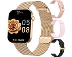 Kiraal Aura AMOLED Smartwatch voor Dames – 4 Bandjes (RVS, Nylon & 2x Siliconen) – Hartslagmeter – Stappenteller – Slaapmonitor – Multisport – Compatibel met Android & iOS – Rosé Goud en Roze