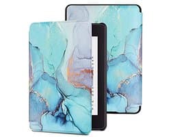 Hoesje Compatibel met 6" Kindle Paperwhite - Synthetisch Leer met Slimme Wekker/Slaap Functie - Green Marble
