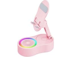 Draadloze inductie-audio-Bluetooth-luidspreker, 5-in-1 telefoonhouder, oplaadbaar voor noodgevallen met kleurrijk omgevingslicht - Bluetooth-vrije tabletstandaard met automatische verbinding, 360° geluid en RGB-verlichting (roze)