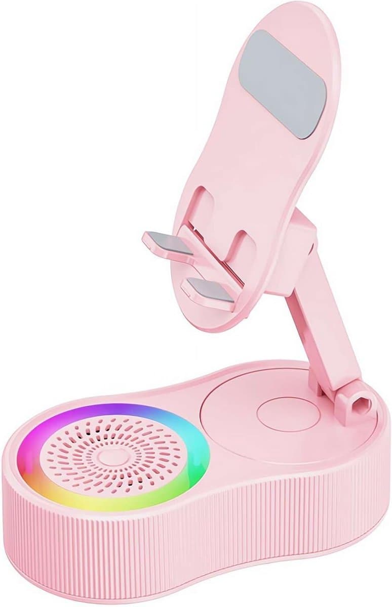 Draadloze inductie-audio-Bluetooth-luidspreker, 5-in-1 telefoonhouder, oplaadbaar voor noodgevallen met kleurrijk omgevingslicht - Bluetooth-vrije tabletstandaard met automatische verbinding, 360° geluid en RGB-verlichting (roze) — afbeelding 1