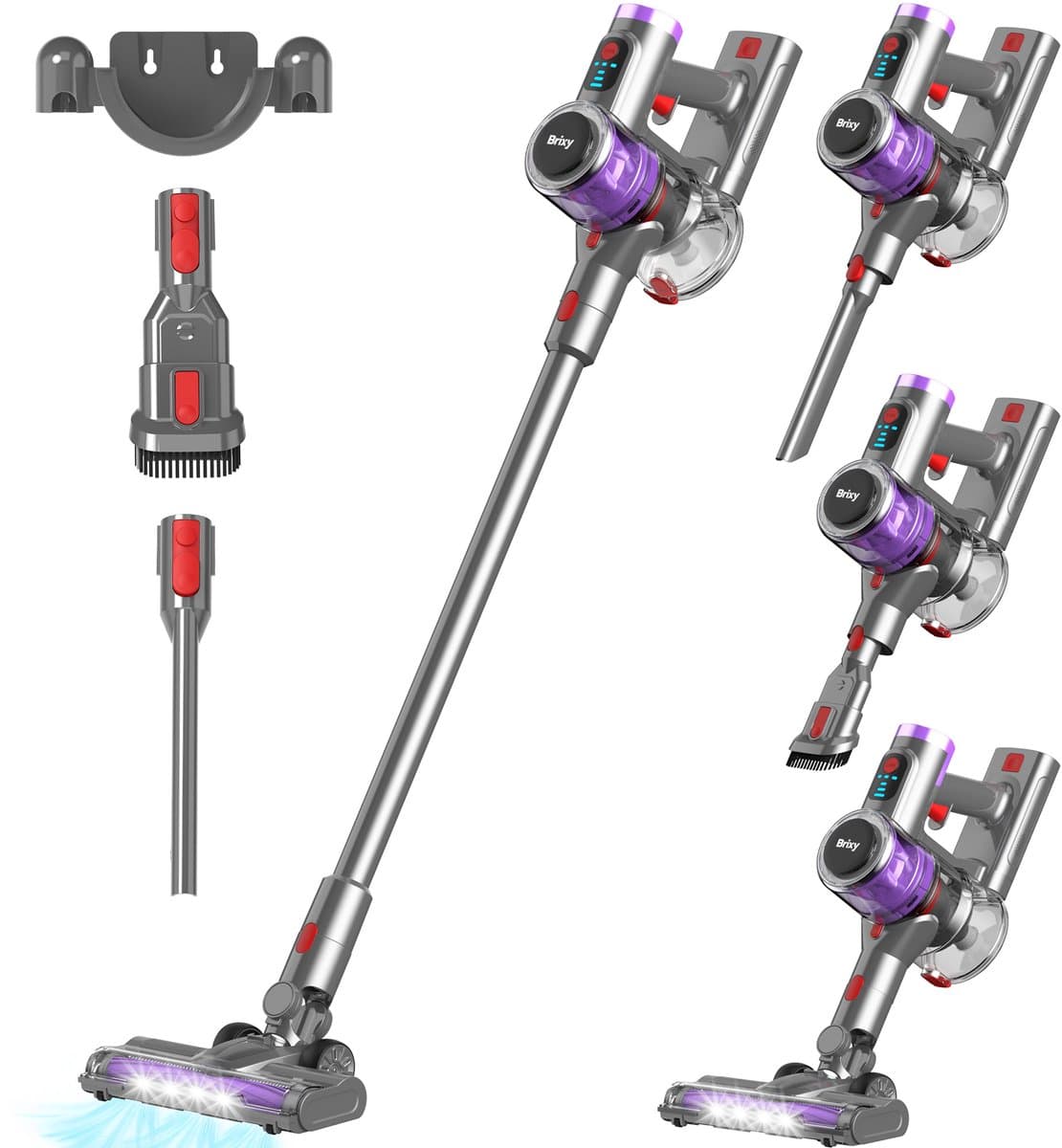 Brixy Steelstofzuiger Draadloos - 30 kPa Zuigkracht - 50 Min Gebruiktijd - Meerdere Filters - Kruimeldief - Draadloze Stofzuiger - Vacuum Cleaner - Grijs/Paars — afbeelding 1