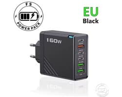 Snellader FS Power Pack 160W USB-C Snellader – 6 Poorten (3× USB-C + 3× USB-A) – PD & QC3.0 – Multi-Poort Oplader voor Smartphone, Tablet & Laptop – Zwart – Inclusief EU Stekker