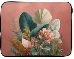 Laptophoes 15.6 inch - Tropische bladeren - Bloemen - Roze - groen - Laptop sleeve - Binnenmaat 37x26 cm - Zwarte achterkant