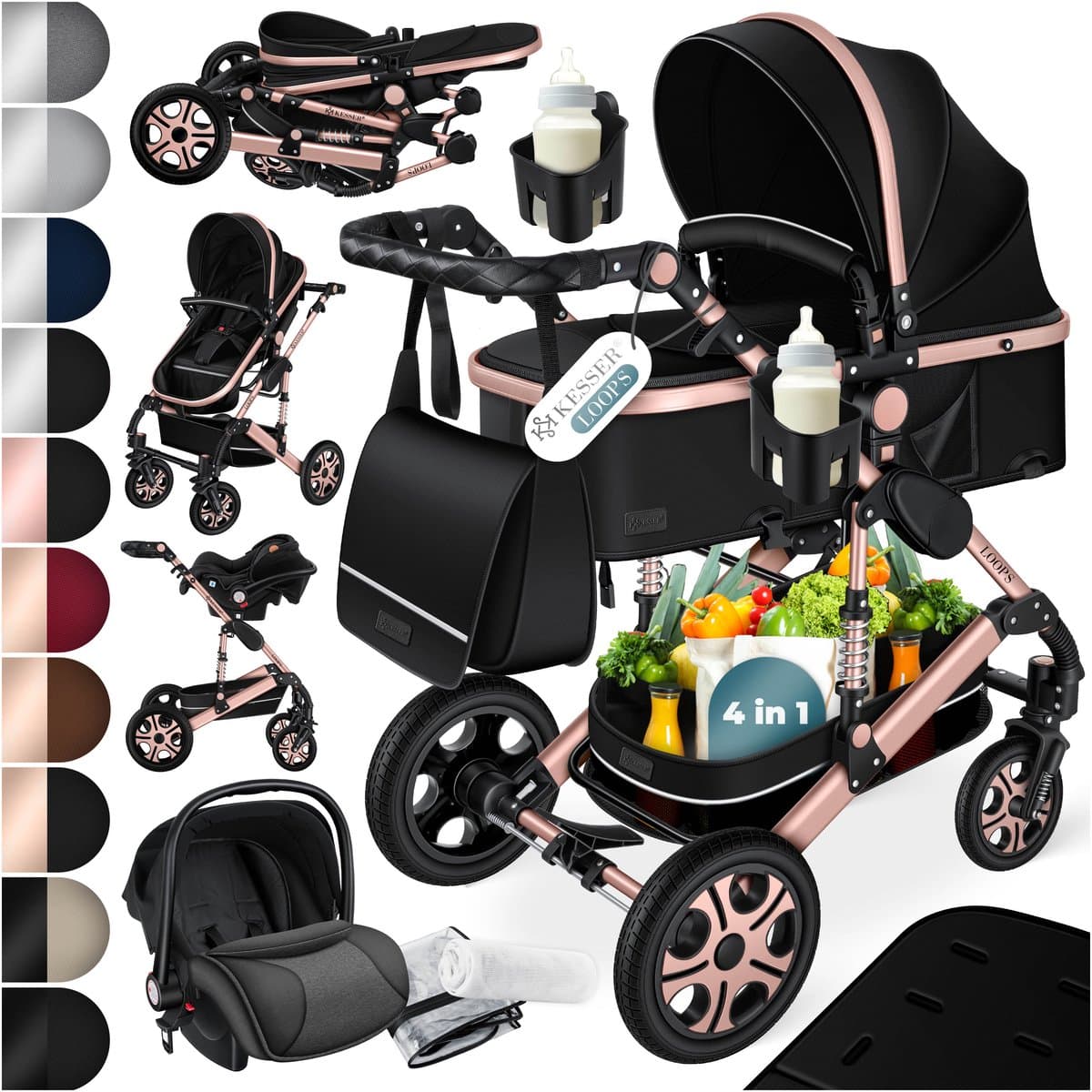 KESSER® Kinderwagen 3 in 1 Loops Wandelwagen Set incl. Autostoel & Reiswieg & Buggy Sportzitje - Massieve Rubberbanden - Luiertas / Regenhoes - Zwart / Roségoud — afbeelding 1
