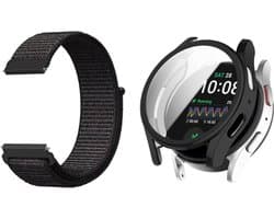 Strap-it Nylon band Zwart + TPU Case zwart - Geschikt voor Samsung Galaxy Watch 7 44mm - Bescherming hoesje voor Galaxy Watch 7 44mm smartwatch - Zachte nylon band zwart + TPU Case zwart