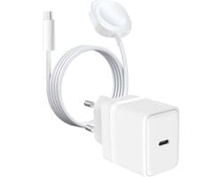 20W iWatch Snellader + USB-C Kabel - 1 Meter - Geschikt voor Apple Watch Oplader - Series 1-8 - Veilig & Snel Opladen - Stijlvol Wit Design