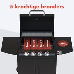 KitchenBrothers Gas BBQ - Gasbarbecue met zijbrander - 5 Branders - PFAS Vrij - Met Gasaansluiting - 42x57cm Grilloppervlak - Extra Opbergruimte - Zwart — thumbnail 3