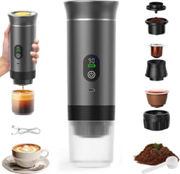 Draagbaar koffiezetapparaat 3-in-1 - Oplaadbaar, draagbaar reiskoffiezetapparaat - 20-25 uur - 12V espressomachine voor capsule-Capaciteitsupgrade -CNC - Verhoogde capaciteit-gemalen koffie - voor kamperen, reizen, kantoor, auto en thuis (Grijs) — thumbnail 1
