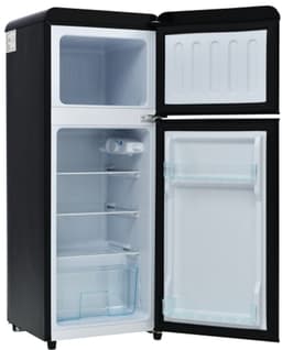 Retro koelkast. Koel-vriescombinatie, 105,5 cm hoog, 41 cm breed, twee deuren, met een totaal volume van 92 liter, vriesvolume van 28 liter. Deurvakken en glazen planken. 116 kWh/jaar, -27 °C ~13 °C, ledverlichting, zwart — thumbnail 3