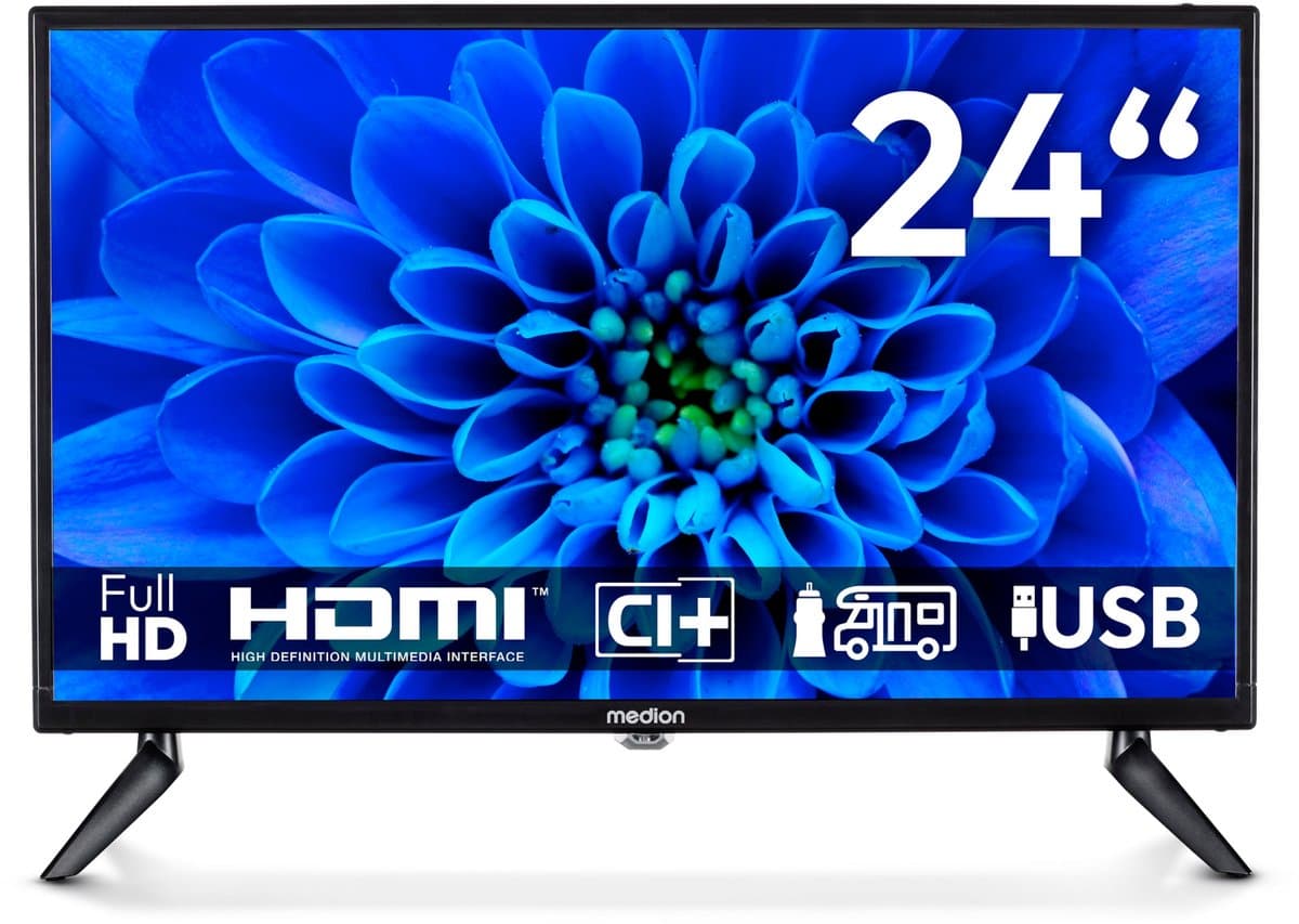 MEDION Full HD TV 59,9 cm (24 inch) (perfect voor camping, camper, vrachtwagen, tuin, 12V auto-adapter, triple tuner, HDMI, USB), MD824000, zwart — afbeelding 1